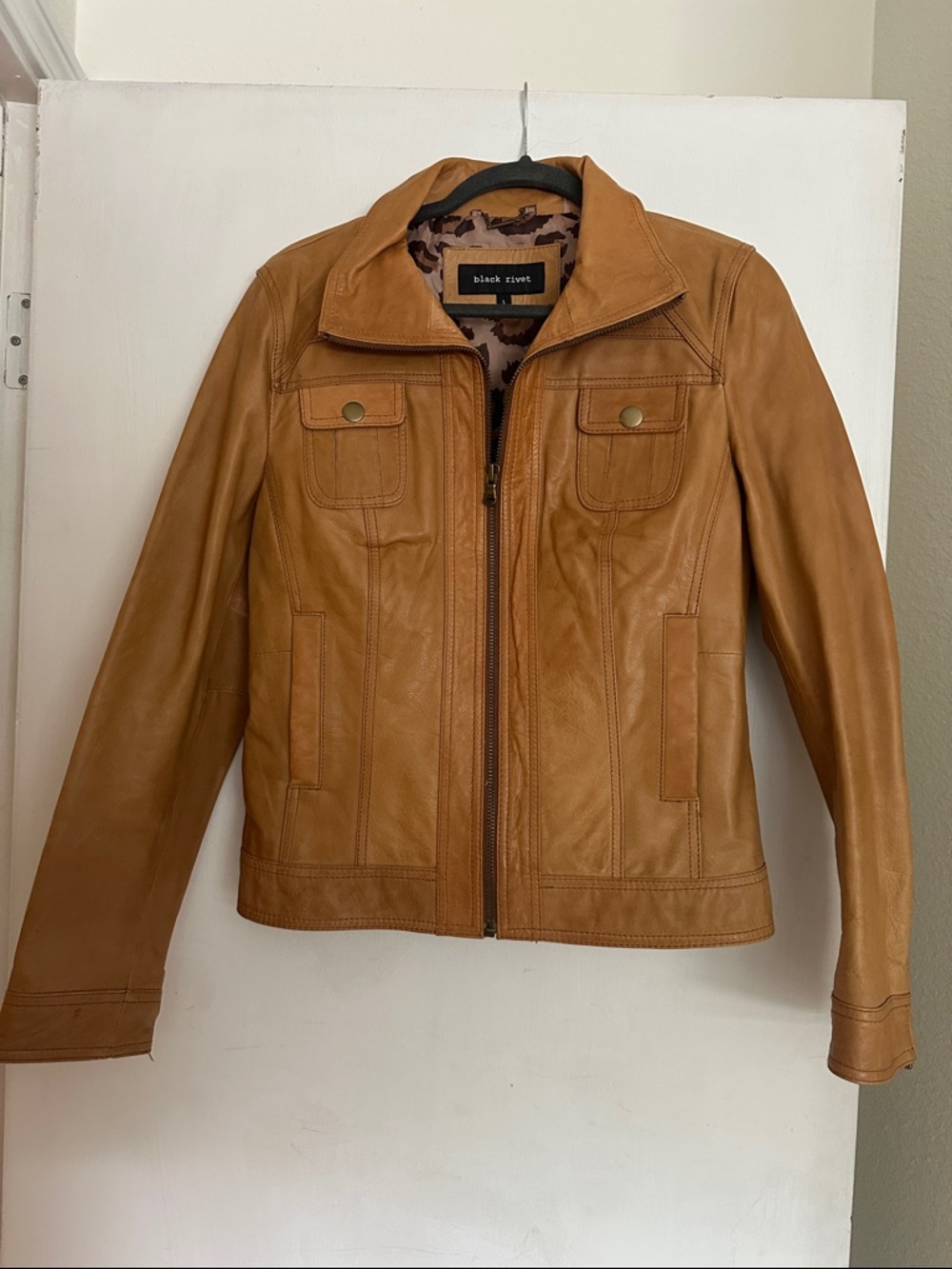Black Rivet Camel/Tan Leather Zip-Up Jacket
